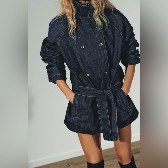 ZARA TRF BELTED DENIM MIDI JACKET - Picture 2 of 11